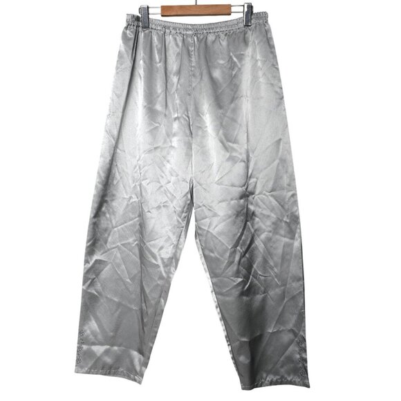 Vintage Satin Lounge Pajama Pants Silver Grey Silky Embroidered Floral Casual XL - Picture 3 of 7